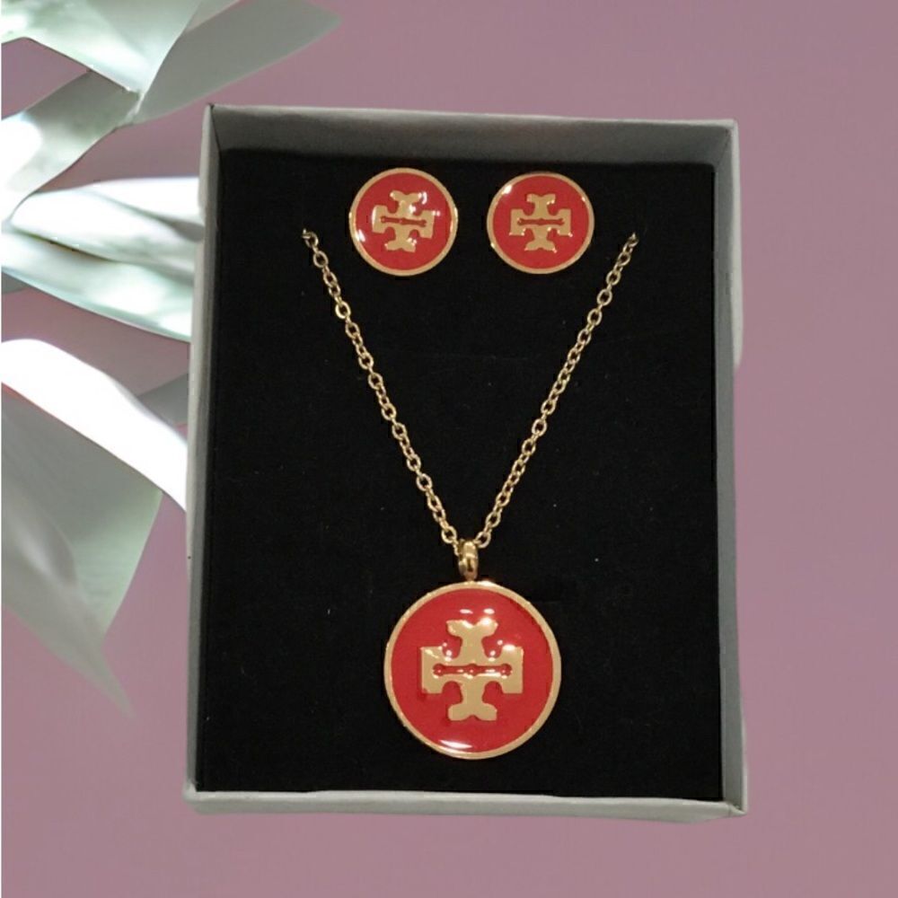 RED AND GOLDāāENAMELāEARRINGSāANDāNECKLACEāSET - Picture 3 of 4
